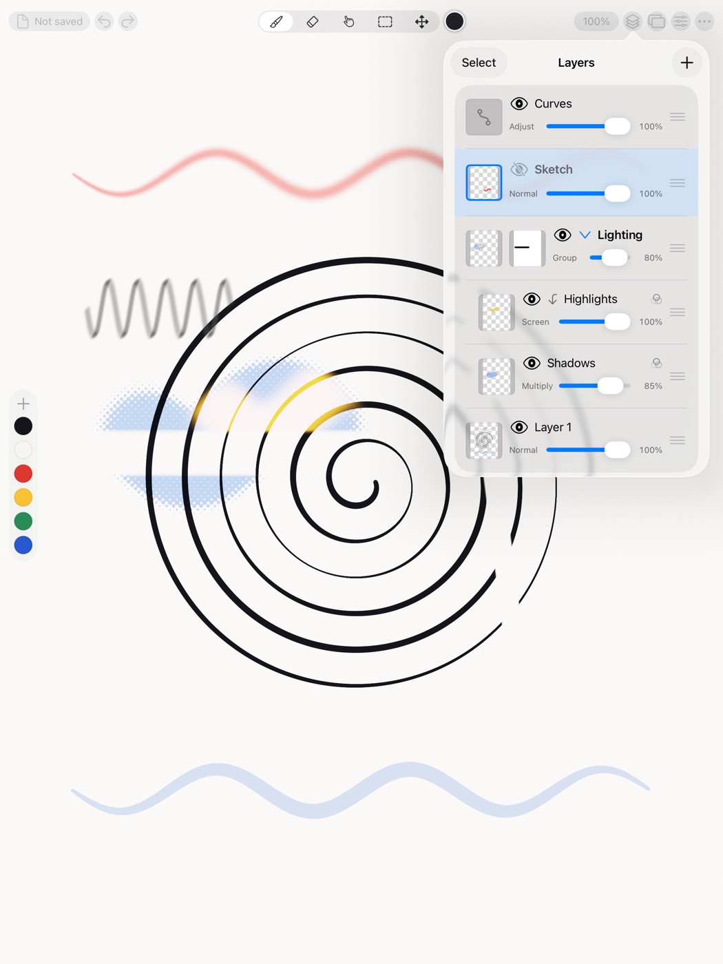 Rindraw on iPad, with the Layers panel open showing groups, masks and adjustment layers